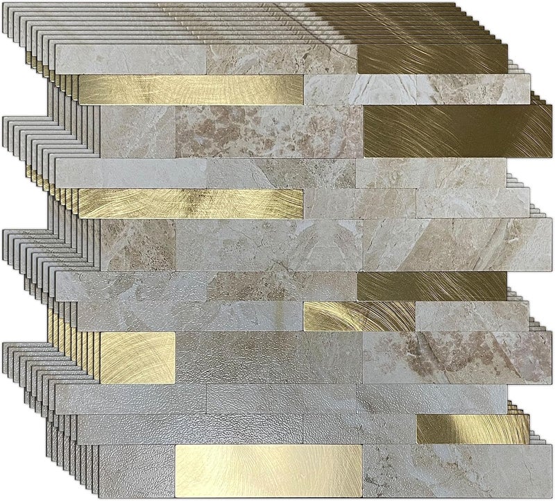 weimeisc 10 Sheets Backsplash Tile for Kitchen Peel and Stick, 11.81" X 11.81" Self-Adhesive Waterproof, Metal Backsplash Subway Tile, Stick on Tiles Kitchen Bathroom (Creamy) - Image 1